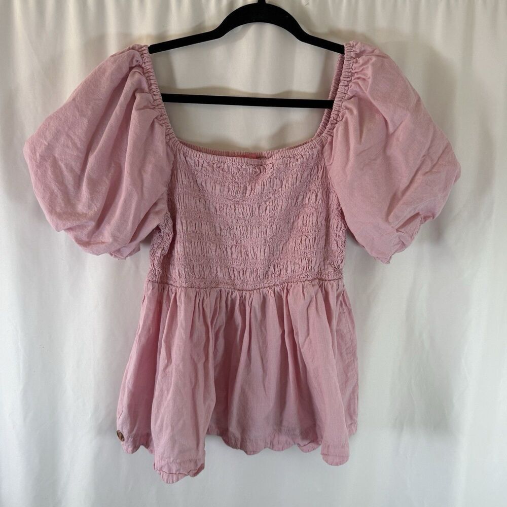 Simply Southern Blouse Women's Large Pink Short Sleeve Square Neck Smocked